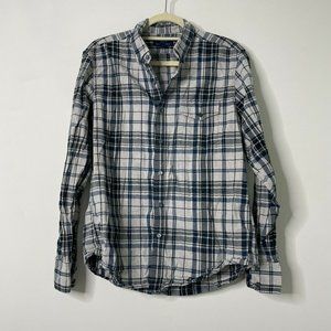 American Eagle Beige/Blue Plaid Button Front Large Slim Fit
